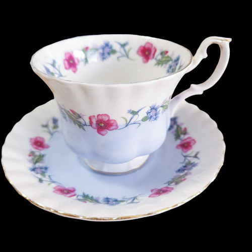 Royal Albert Red & Blue Floral Ribbed Gold Trim Footed Cup & Saucer Set
