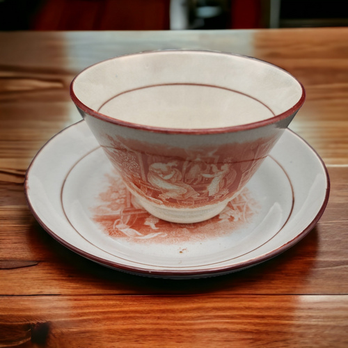 British Bat Print Shepherdess & Sheep Red Pearlware Tea Bowl & Saucer C. 1820