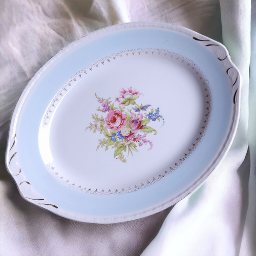 Homer Laughlin Chateau Light Blue Border Floral Center Filigree Oval Serving Platter
