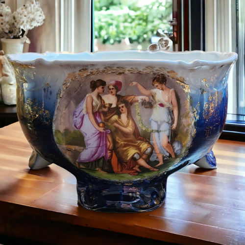 Antique Victoria 1891-1918 Carlsbad Cobalt Large Footed Vase Bowl