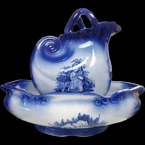 Staffordshire Chamber Set Ironstone Flo Blue Basin Pitcher Bowl England