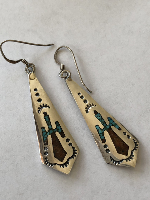 Zuni Sterling Silver Inlaid Chip Turquoise and Coral Peyote Bird Dangle Earrings