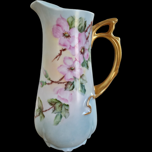 Vintage Porcelain Hand Painted Flowers Decorative Jug Pitcher Gold Handle Signed 