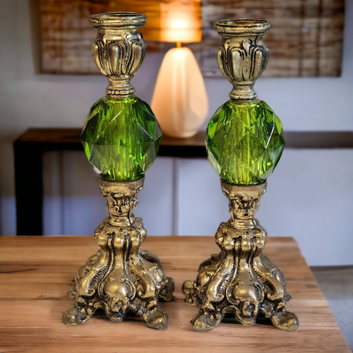8"Cornell Hollywood Regency Emerald Green Candlestick Holders Pair