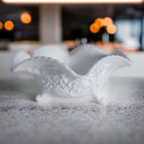 11" Imperial Glass-Ohio Rose Milk Glass 3-Toed Footed Crimped Bowl