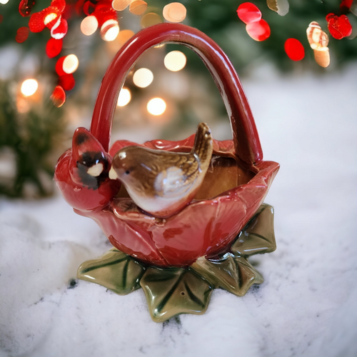 Majolica Love Birds Perched on the Edge Small Basket 
