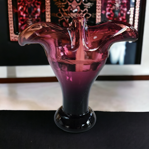 6" Mid Century Hand Blown Amethyst Art Glass Vase With Wide Ruffled Lip
