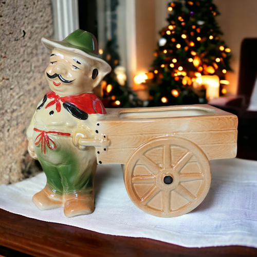 Collectible Figural Nursery Planter Man with Cart Japan