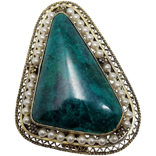 Victorian Chrysocolla and Faux Pearl Sterling Silver Brooch Pin