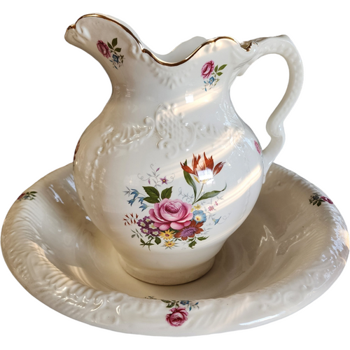  Antique White Floral Porcelain Wash Stand Set Pitcher & Bowl 