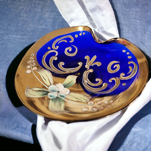 Bohemian Czech Cobalt Glass Hand Painted Raised Floral Trinket Dish