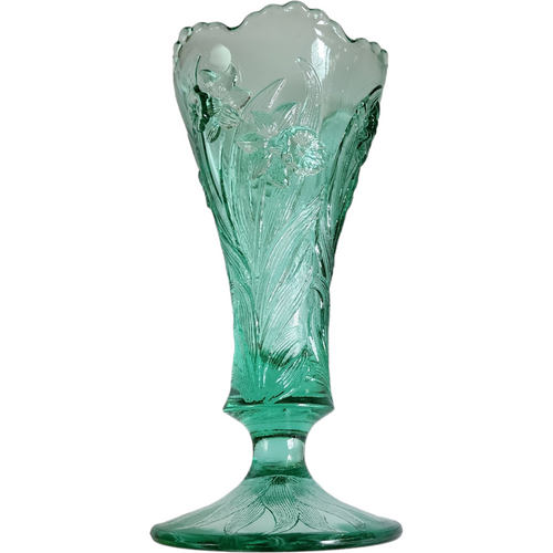  7" Fenton Art Glass Fern Green Daffodil Footed Vase