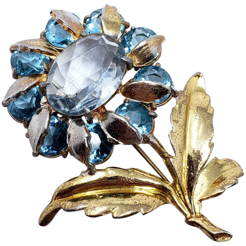 Large Vintage Metallic & Crystal Flower Brooch