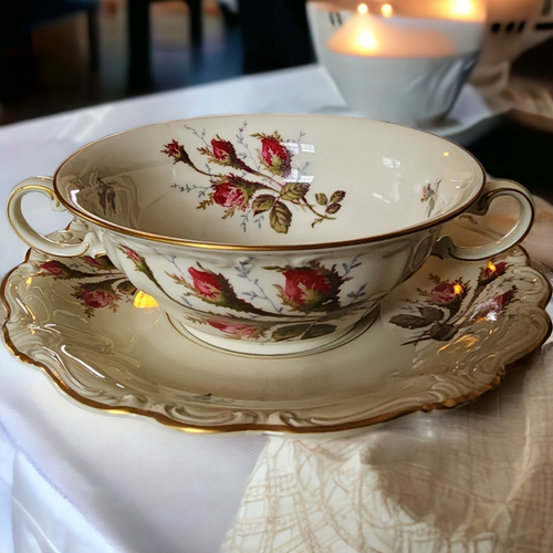 Rosenthal Pompadour Ivory Moss Rose Footed Cream Soup Bowl & Saucer Set