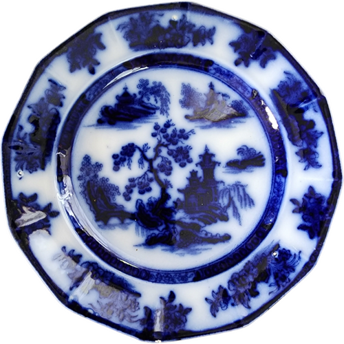 Wedgwood Chapoo 12 Sided Flow Blue Asian Scene Luncheon Plate