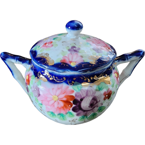 Occupied Japan Gold Srolls/Cobalt Edge, Floral Sugar Bowl & Lid Japan