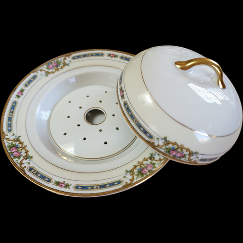 Noritake Ybry Blue & Tan Edge, Pink Roses, Cream Band Round Covered Butter