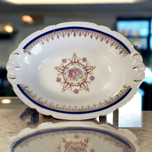 Embassy Vitrified China American Floral Center Cobalt Blue Band Gold Filigree  Oval Vegetable Bowl