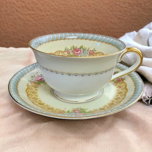  Noritake Juno Blue & Tan Band Flowers Tan Scrolls Footed Cup & Saucer Set Japan 