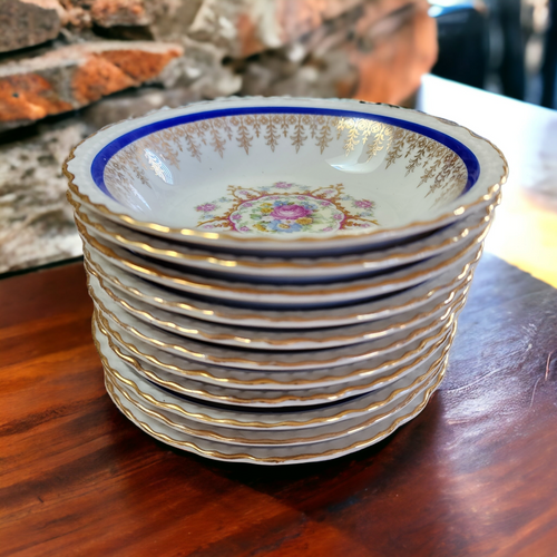 5" Embassy Vitrified China American Floral Center Cobalt Blue Band Gold Filigree Fruit Dessert Sauce Bowl