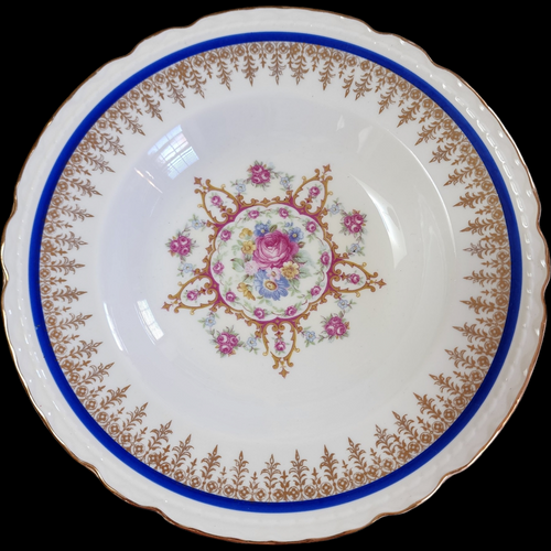  8" Embassy Vitrified China American Floral Center Cobalt Blue Band Gold Filigree Rim Soup Bowl