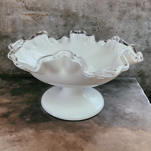 Fenton Silver Crest Clear Crimped On Milk Glass Round Compote Bowl
