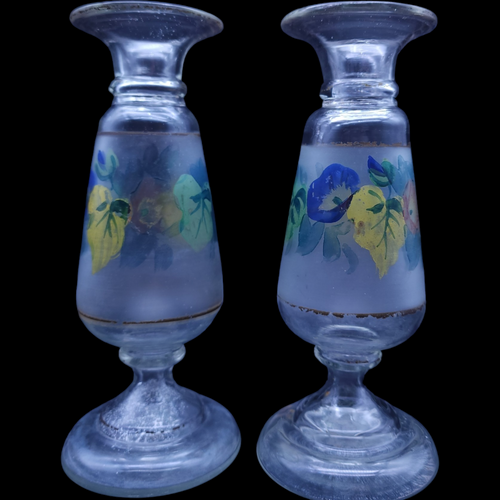 7" Pair Victorian Pontil Mark Bristol Hand Painted Botanical Motifs Vase 