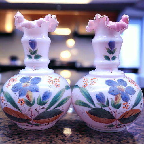 7.5" Pair Victorian Pontil Mark Bristol Hand Painted Botanical Motifs Vase 