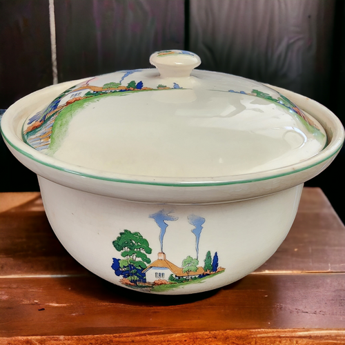  Harker Pottery Thatchroof Cottage Scene Green Trim  Soup Tureen with Cover