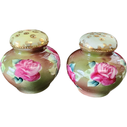 Nippon Hand Painted Green Leaves with Red and Pink Roses Salt & Pepper Shaker Japan
