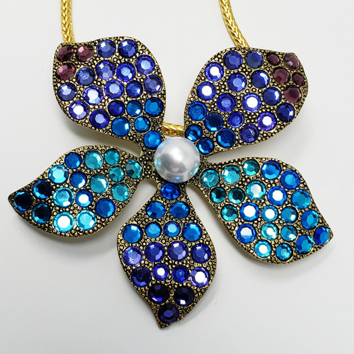 Kenneth Jay Lane KJL Pave Violet Crystal & Faux Pearl Flower Necklace