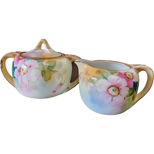 Nippon Yellow Edge Pink&White Flowers Goldtrim Sugar Bowl & Lid and Creamer Japan