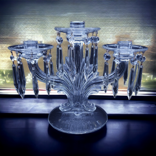 Fostoria Clear 3 Light Candlestick with Bobeches & 24 Prisms