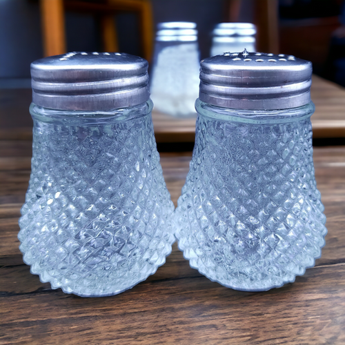  Vintage Diamond Point Optic Clear Glass Salt & Pepper Shakers Japan