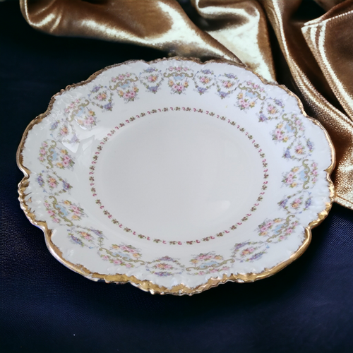 9" Jean Pouyat Multicolor Flowers, Green Scrolls Limoges France Round Vegetable Bowl