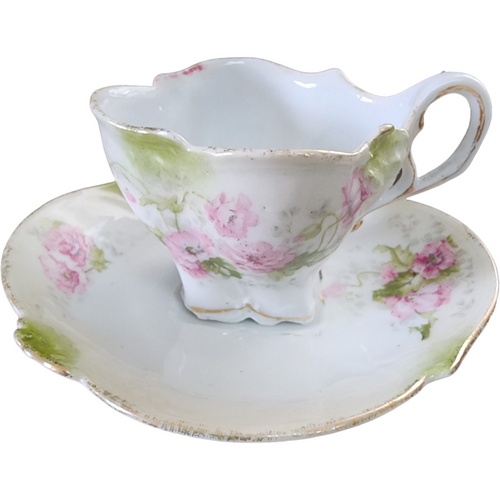 Antique RS Prussia Hand Painted Flowers Porcelain Demitasse Footed Cup and Saucer Set