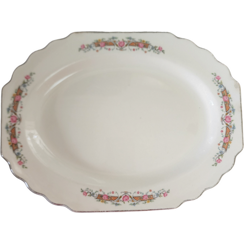 WS George Flower Rim Lido Pink Rose & Gray Scrolls On Pink Bar 11" Oval Serving Platter