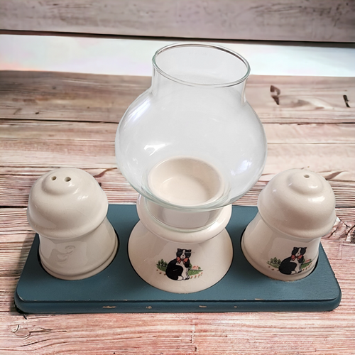  Salt and Pepper Shakers with Lantern and Natural Hardwood Base Set 5 Pc  