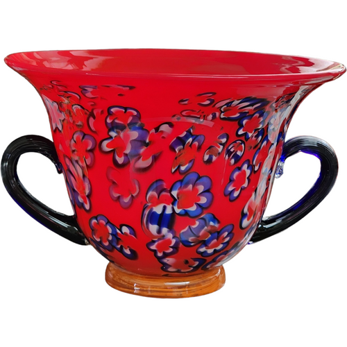 Murano Red Ground With Blue Heavy Art Glass Handled Center Bowl Italy