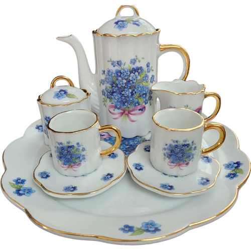 Gold Border Blue Flowers Pink Bow 10 Pc Miniature Tea Set