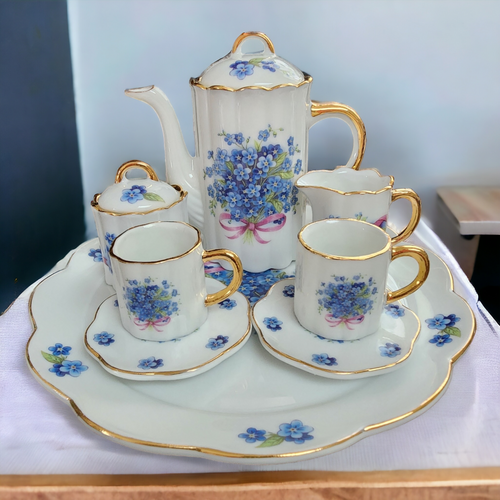 Gold Border Blue Flowers Pink Bow 10 Pc Miniature Tea Set