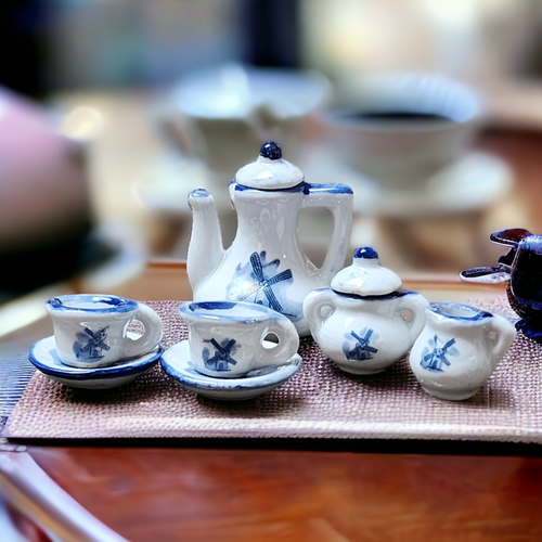 Delft Windmill Blue White Porcelain Dollhouse Holland 9 Pc Miniature Tea Set