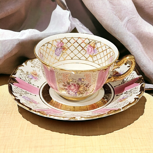 Winterling - Bavaria Pink Stripes Flowers Rim & Center  Footed Cup & Saucer Set