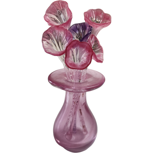 Art Cranberry Glass Hand Blown Vase and Flower Bouquet