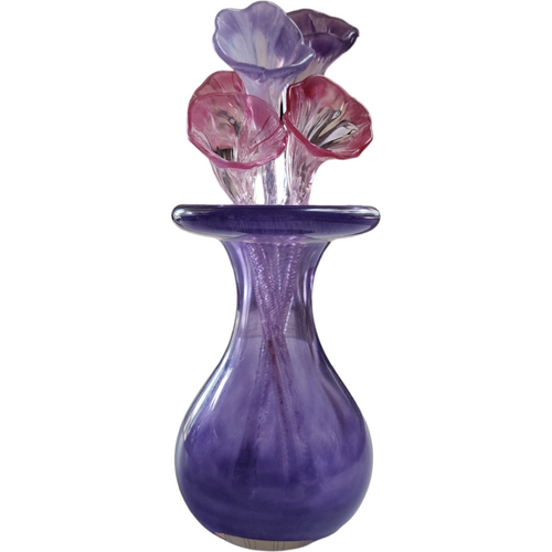 Art Amethyst Glass Hand Blown Vase and Flower Bouquet