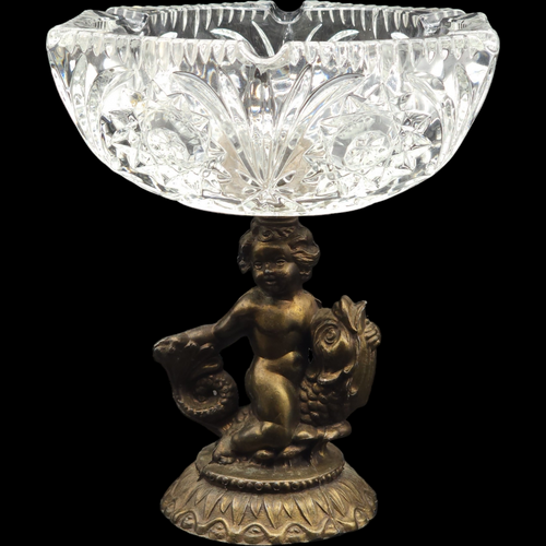 Cornell University Cut Glass Ashtray with Cherub and Koi Fish Metal Base