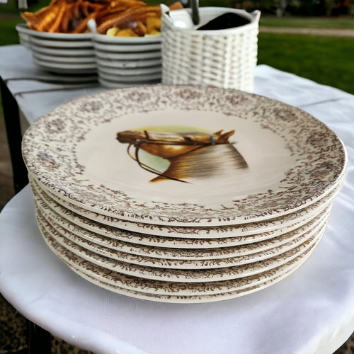 Beswick Animales & British China 22-Karat Gold Horse Portraits 8 Dinner Plates Set