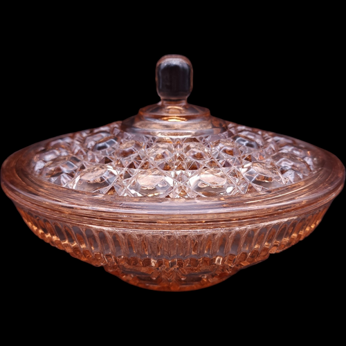 Indiana Glass Windsor Pink Peach Ballad Cane & Button Design Candy Dish & Lid