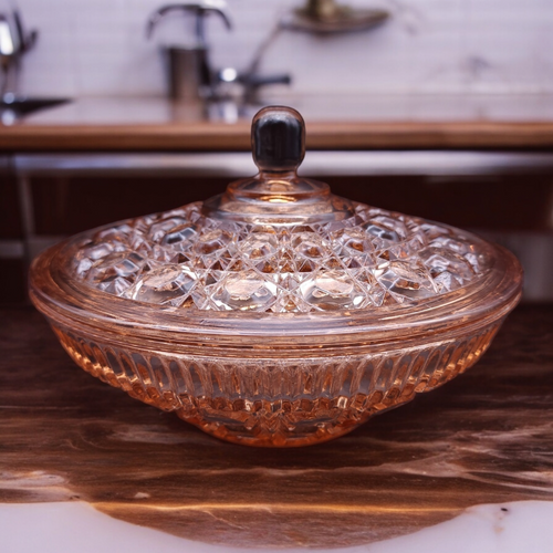 Indiana Glass Windsor Pink Peach Ballad Cane & Button Design Candy Dish & Lid