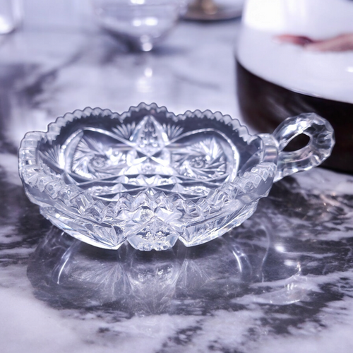 US Glass Nucut Artcut Handled Nappy Dish